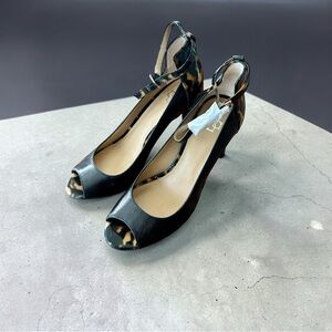 New Ann Taylor black leather and tortoise shell peep-toe pumps with ankle strap